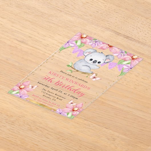 水彩可愛いコアラ&トロピカルフラワーズ誕生日 アクリル招待状 (レイダウン)