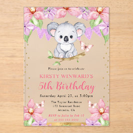 水彩可愛いコアラ&トロピカルフラワーズ誕生日 アクリル招待状