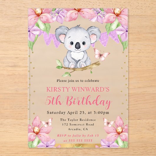 水彩可愛いコアラ&トロピカルフラワーズ誕生日 アクリル招待状 (正面)