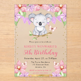 水彩可愛いコアラ&トロピカルフラワーズ誕生日 アクリル招待状