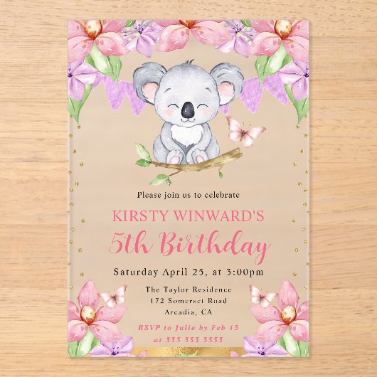 水彩可愛いコアラ&トロピカルフラワーズ誕生日 アクリル招待状 (正面)