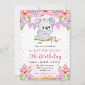 水彩可愛いコアラ&トロピカルフラワーズ誕生日 招待状 (正面)