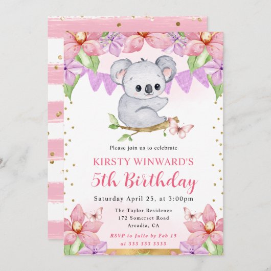 水彩可愛いコアラ&トロピカルフラワーズ誕生日 招待状 (正面/裏面)