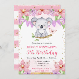 水彩可愛いコアラ&トロピカルフラワーズ誕生日 招待状