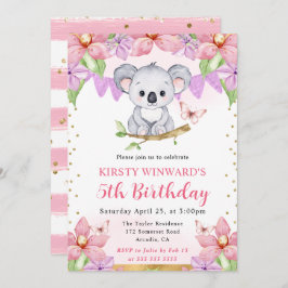 水彩可愛いコアラ&トロピカルフラワーズ誕生日 招待状
