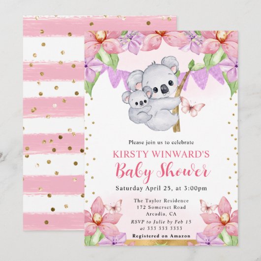 水彩可愛いコアラ&フラワーベイビーシャワー 招待状 (正面/裏面)