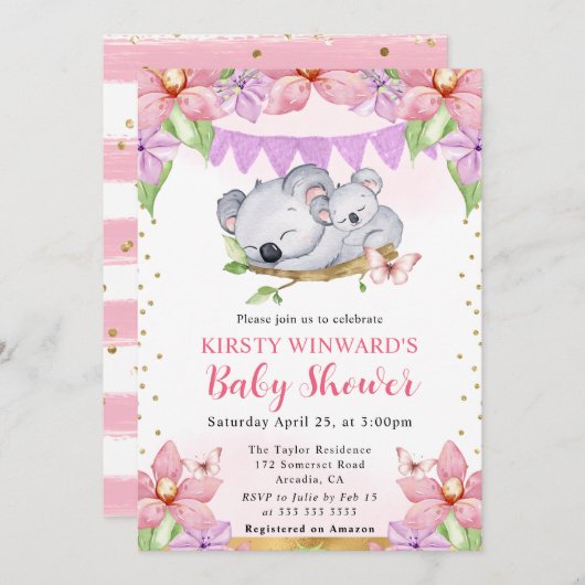 水彩可愛いコアラ&フラワーベイビーシャワー 招待状 (正面/裏面)