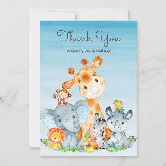 水彩可愛いサファリジャングル動物ありがとう サンキューカード (正面)