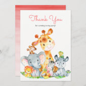 水彩可愛いサファリジャングル動物ありがとう サンキューカード (正面/裏面)