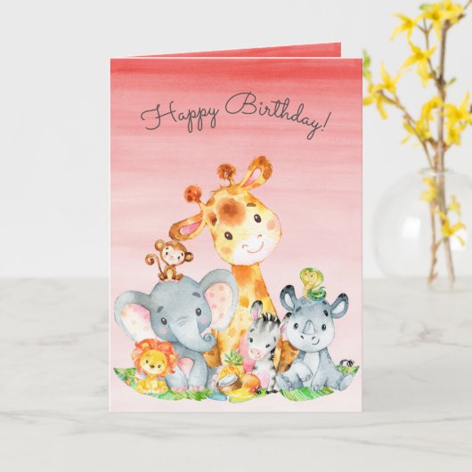 水彩可愛いサファリジャングル動物誕生日 カード (黄色い花)
