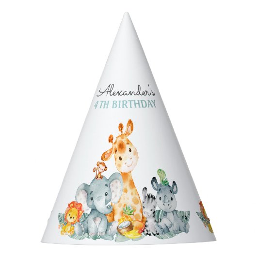 水彩可愛いサファリジャングル動物誕生日 パーティーハット (正面)