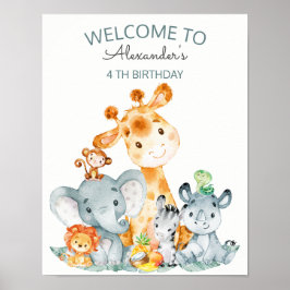 水彩可愛いサファリジャングル動物誕生日 ポスター