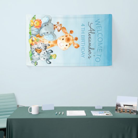 水彩可愛いサファリジャングル動物誕生日 横断幕 (トレードショー)