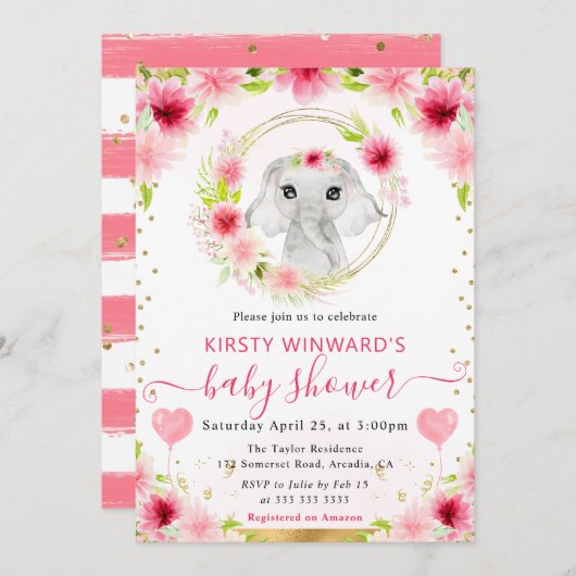 水彩可愛いジャングルエレファントベビーシャワー 招待状 (正面/裏面)