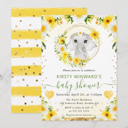 水彩可愛いジャングルエレファントベビーシャワー 招待状 (正面/裏面)