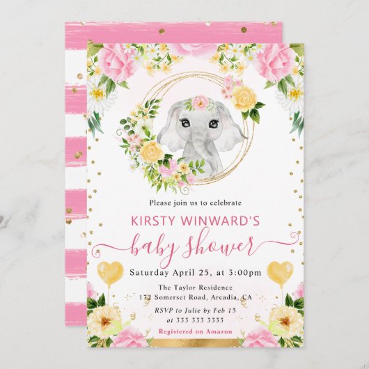 水彩可愛いジャングルエレファントベビーシャワー 招待状 (正面/裏面)