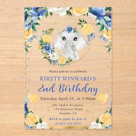 水彩可愛いジャングルエレファント子供の誕生日 アクリル招待状 (正面)