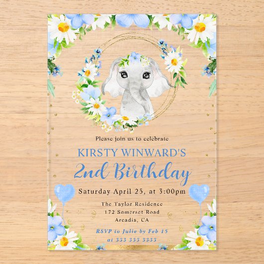 水彩可愛いジャングルエレファント子供の誕生日 アクリル招待状 (正面)