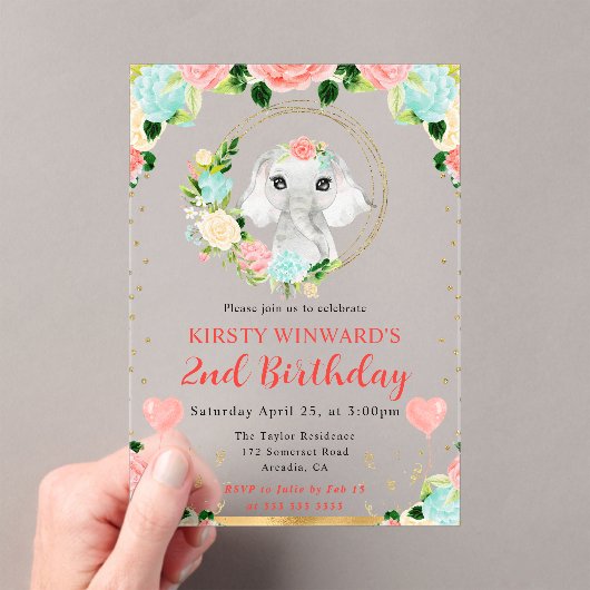 水彩可愛いジャングルエレファント子供の誕生日 アクリル招待状 (インサイチュ (ポータブル))