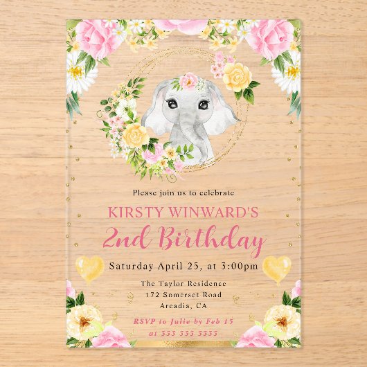 水彩可愛いジャングルエレファント子供の誕生日 アクリル招待状 (正面)