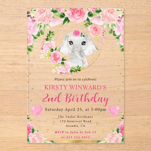 水彩可愛いジャングルエレファント子供の誕生日 アクリル招待状 (正面)