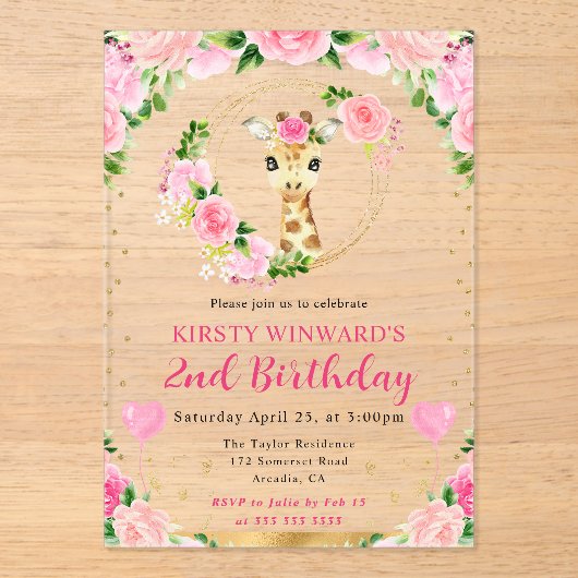 水彩可愛いジャングルキリン子供の誕生日 アクリル招待状 (正面)