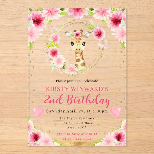 水彩可愛いジャングルキリン子供の誕生日 アクリル招待状 (正面)