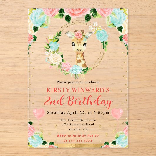 水彩可愛いジャングルキリン子供の誕生日 アクリル招待状 (正面)