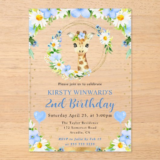 水彩可愛いジャングルキリン子供の誕生日 アクリル招待状 (正面)