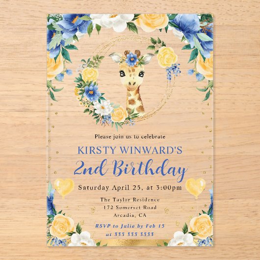 水彩可愛いジャングルキリン子供の誕生日 アクリル招待状 (正面)