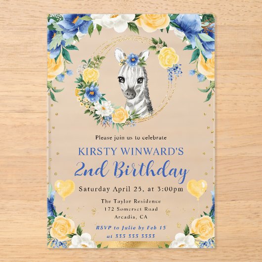 水彩可愛いジャングルゼブラ子供の誕生日 アクリル招待状 (正面)