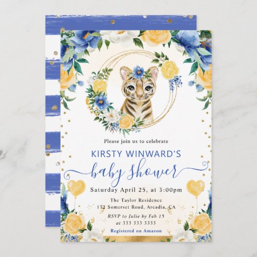 水彩可愛いジャングルタイガーベビーシャワー 招待状 (正面/裏面)