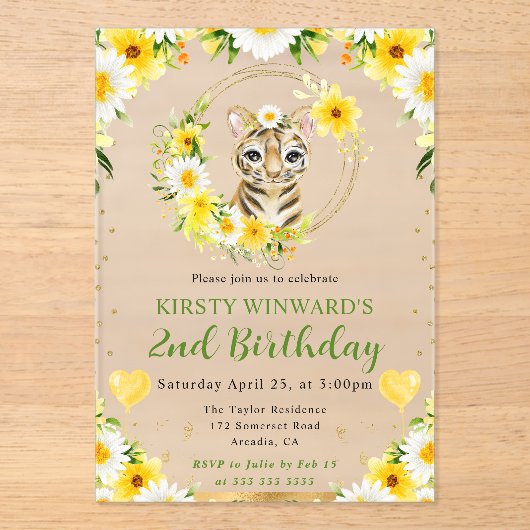 水彩可愛いジャングルタイガー子供の誕生日 アクリル招待状 (正面)