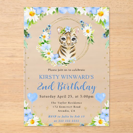 水彩可愛いジャングルタイガー子供の誕生日 アクリル招待状 (正面)