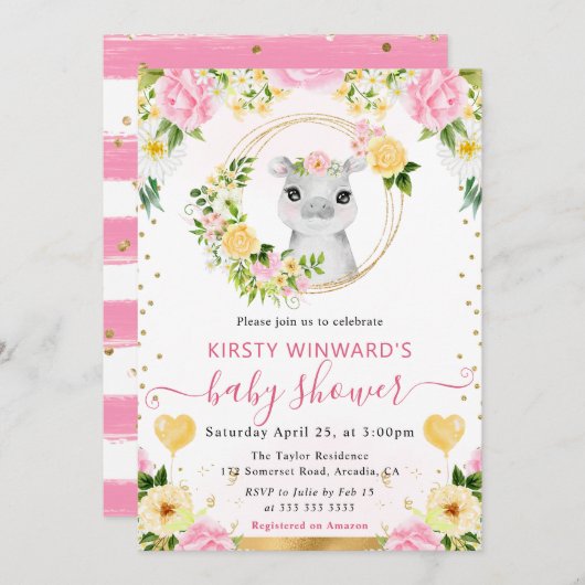 水彩可愛いジャングルヒッポベビーシャワー 招待状 (正面/裏面)