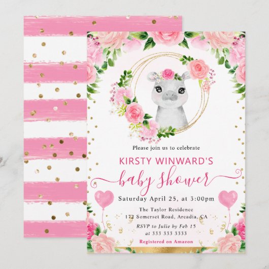 水彩可愛いジャングルヒッポベビーシャワー 招待状 (正面/裏面)