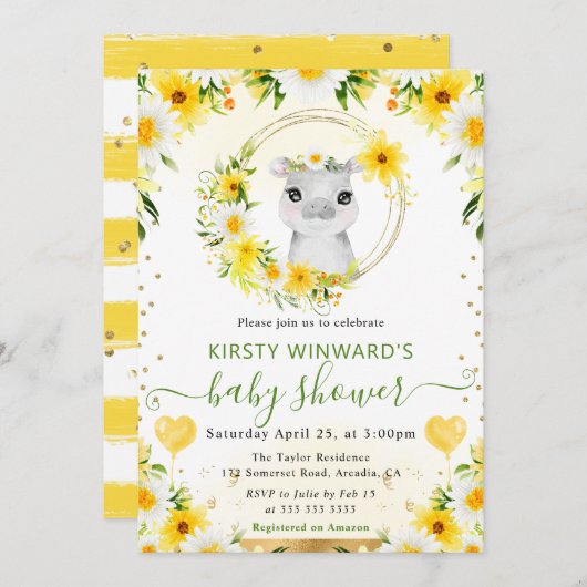 水彩可愛いジャングルヒッポベビーシャワー 招待状 (正面/裏面)