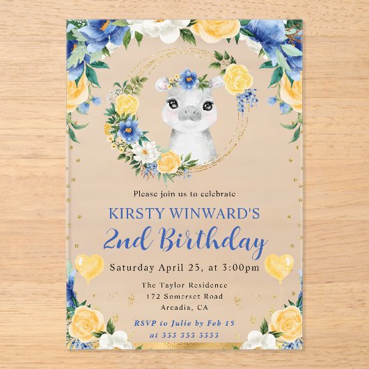 水彩可愛いジャングルヒッポ子供の誕生日 アクリル招待状 (正面)