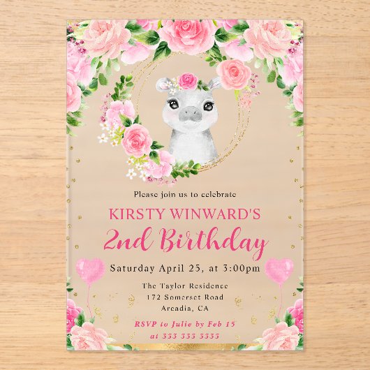 水彩可愛いジャングルヒッポ子供の誕生日 アクリル招待状 (正面)