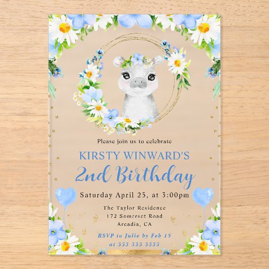 水彩可愛いジャングルヒッポ子供の誕生日 アクリル招待状 (正面)