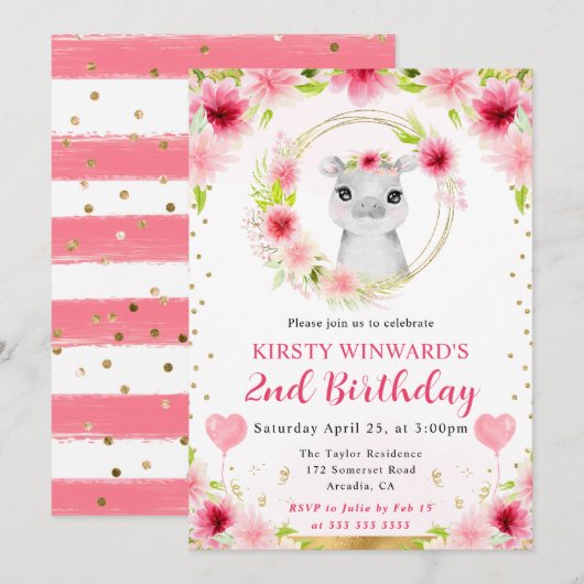 水彩可愛いジャングルヒッポ子供の誕生日 招待状 (正面/裏面)