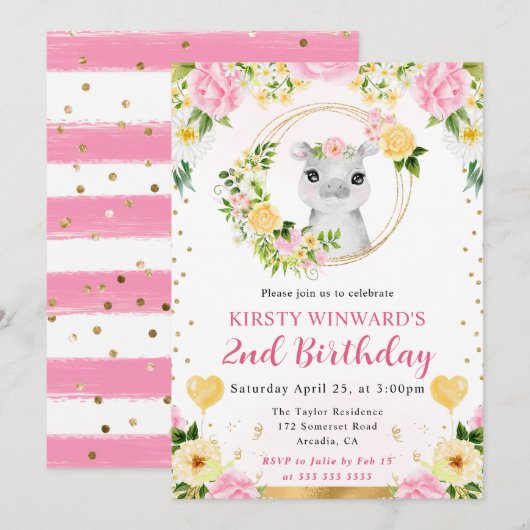 水彩可愛いジャングルヒッポ子供の誕生日 招待状 (正面/裏面)