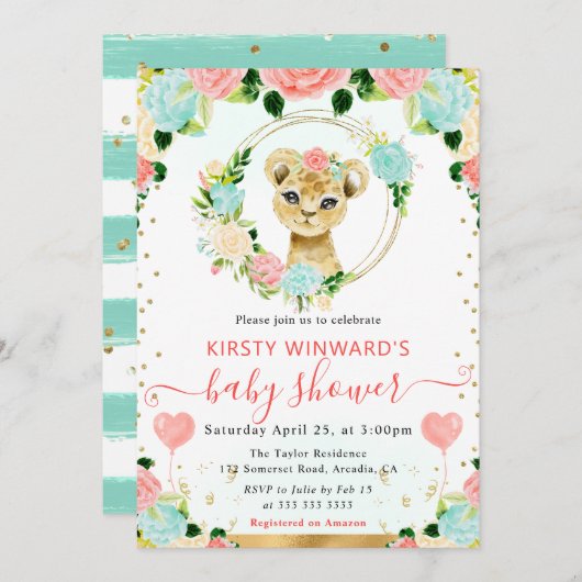 水彩可愛いジャングルライオンベビーシャワー 招待状 (正面/裏面)