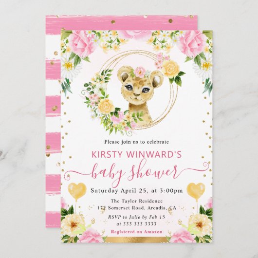 水彩可愛いジャングルライオンベビーシャワー 招待状 (正面/裏面)