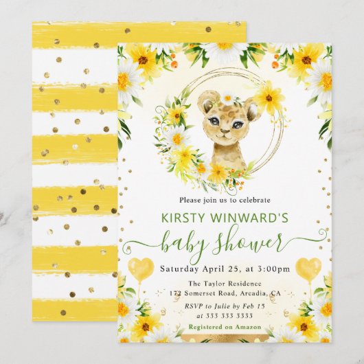 水彩可愛いジャングルライオンベビーシャワー 招待状 (正面/裏面)