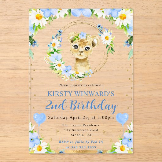 水彩可愛いジャングルライオン子供の誕生日 アクリル招待状 (正面)