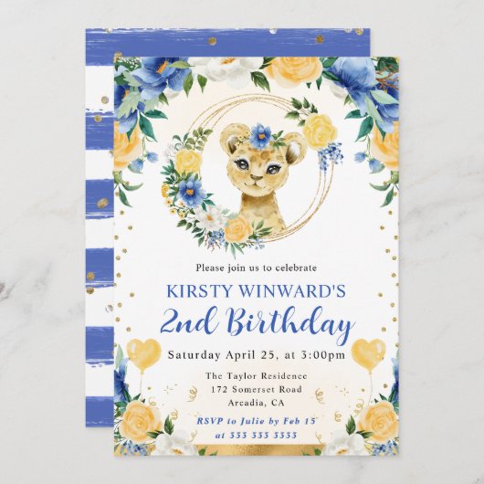 水彩可愛いジャングルライオン子供の誕生日 招待状 (正面/裏面)