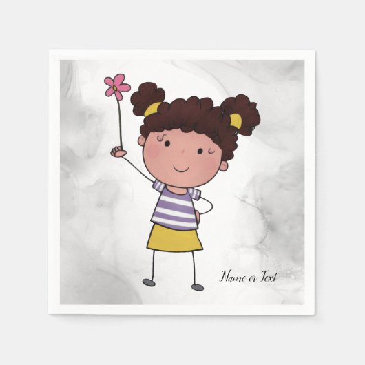 水彩可愛いスティックガールピンク花美 スタンダードカクテルナプキン (正面)