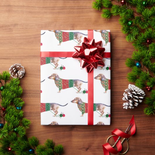 水彩可愛いダックスフントのクリスマスジャンパー ラッピングペーパー (クリスマスギフト)