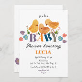 水彩可愛いチキンファミリーベビーシャワー 招待状 (正面/裏面)